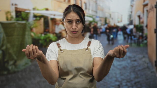 Woman in beige apron presses hands to chest on a cobblestone city street with blurred pedestrians and cyclists in the distance; apologetic plea.