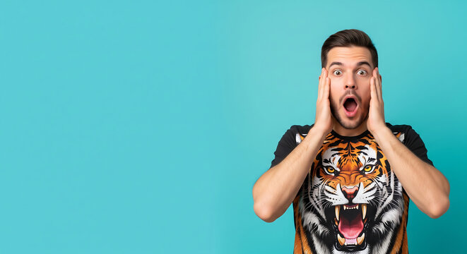Man makes a surprised gesture in a studio flat with copyspace