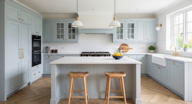 Modern light blue shaker kitchen with island, pendant lights, and wooden stools