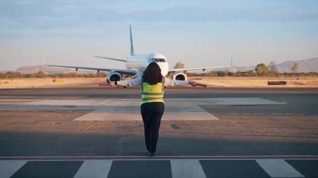 Special ground crew person parks airplane near gate at airport. Female marshaller in yellow safety vest uses wands to direct commercial jet on tarmac during sunset with mountains in background.
