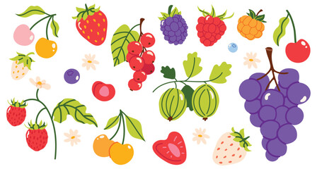 Colorful hand drawn berry set with strawberry, raspberry, blackberry, grapes, currant and gooseberry. Fresh summer fruits vector collection, bright and playful food illustration. © m_matvi