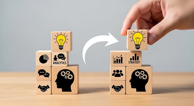 Enterprise teamwork concept with innovation idea transfer between professional knowledge systems.