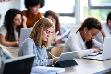 Fototapeta premium Students Taking Notes and Working on Laptops in a Classroom During a Study Session in the Morning