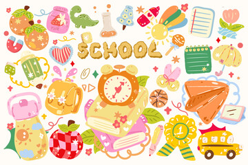 Fototapeta premium Back to School Hand Drawn School Supplies, Cute Pencil Notebook Apple Bow Backpack, Aesthetic Classroom Elements, Kawaii Stationery, Girly Study Doodles, Back to School Design, School PNG, Preppy