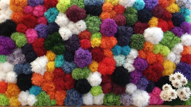 Assorted colorful pom pom balls covering fabric surface