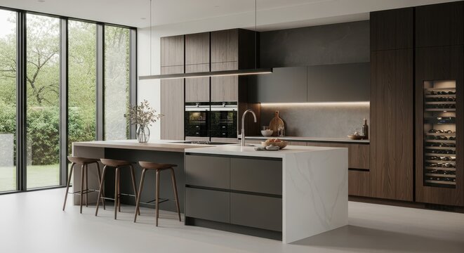 Modern Luxury Kitchen Design with Island, Integrated Appliances, and Wine Fridge