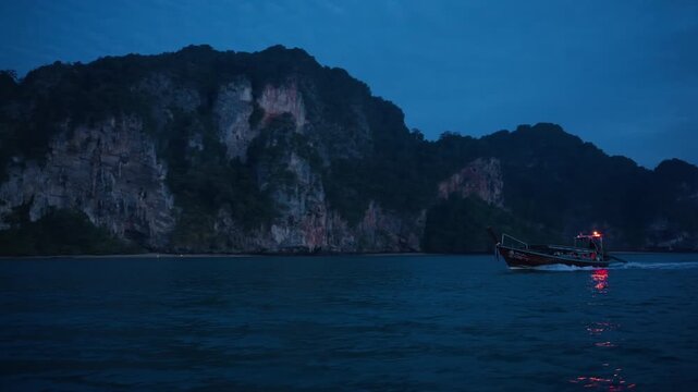 Traditional Thai longtail boat with glowing red navigation lights glides across dark calm waters at dusk near dramatic limestone karst cliffs covered in lush green jungle vegetation in Krabi.