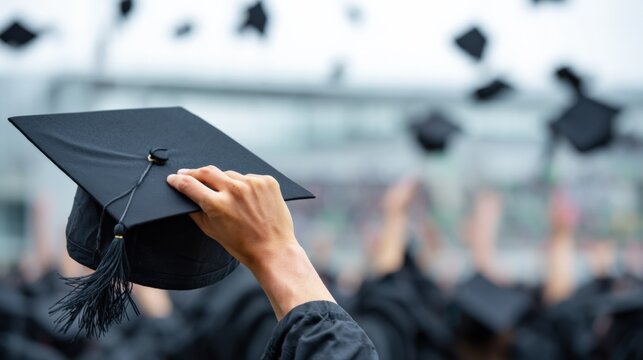 Graduate holding mortarboard cap during outdoor commencement ceremony