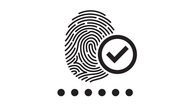 Biometric fingerprint scan icon with checkmark, secure identity verification vector, digital thumbprint authorization symbol for cybersecurity