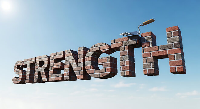 3D Strength Word Made of Bricks with Masonry Trowel Floating in Blue Sky