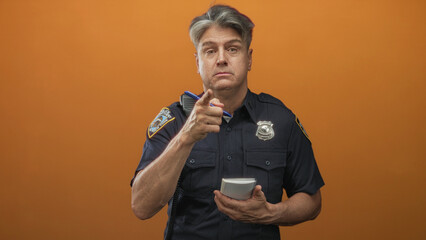 Obraz premium Police officer man with visible badge and radio mic pointing finger while holding notepad in studio orange backdrop; seriousness duty.