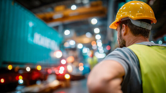 Warehouse worker in hard hat and safety vest supervising industrial operations in a factory