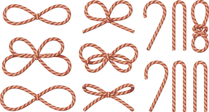 Collection of red and beige striped rope bows and candy cane shapes knot infinity symbol