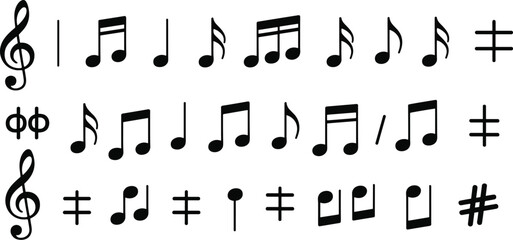 Naklejka premium Black musical notes clefs and symbols on white background treble clef bass clef eighth note