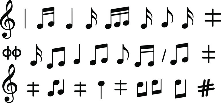 Black musical notes clefs and symbols on white background treble clef bass clef eighth note