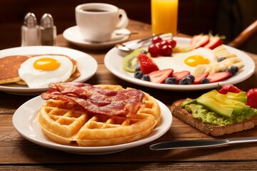 Fototapeta premium Breakfast Spread With Waffles, Pancakes, Fruit, and Coffee on a Wooden Table in the Morning