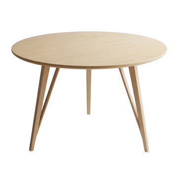 Simple round wooden dining table with natural finish isolated on transparent background