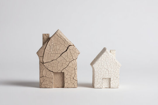Two houses with cracks on a light background. Space for text.
