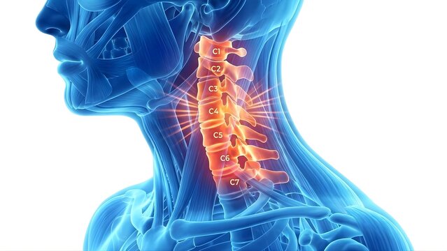 A medical illustration of a human head and neck with a highlighted spine on transparent background
