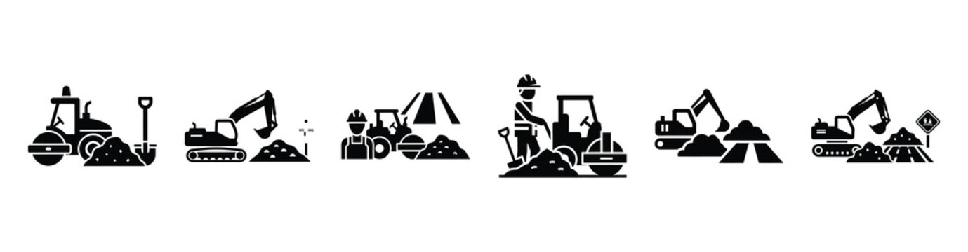 Set of minimal black shape  road construction silhouette icon. construction icons in black isolated vector illustration collection