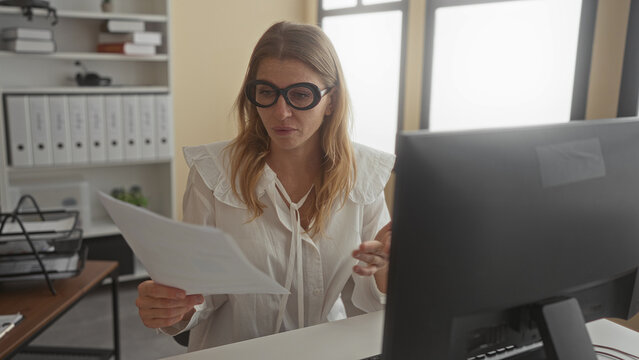 Woman in white blouse holding documents, wearing round glasses and scratching head at office desk with computer monitor and filing shelves visible; concern.