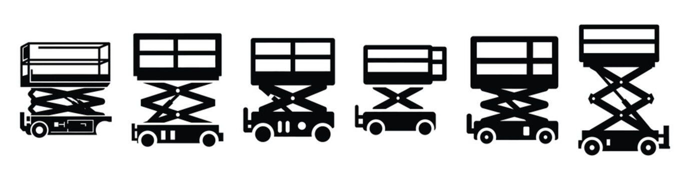 Set of minimal black shape  scissor lift silhouette icon. construction icons in black isolated vector illustration collection