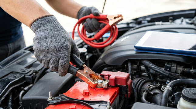 Car battery jump start, close-up of mechanic hands connecting red jumper cables to a dead car battery terminal, automotive repair and maintenance service concept