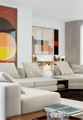 Naklejka premium 3D render, illustration Luxury modern living room interior, realistic lighting, wide angle, contemporary furniture, clean lines, minimalist decor, elegant home design, large window
