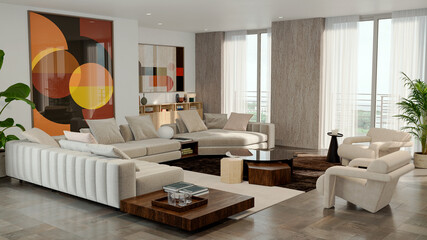 Naklejka premium 3D render, illustration Luxury modern living room interior, realistic lighting, wide angle, contemporary furniture, clean lines, minimalist decor, elegant home design, large window