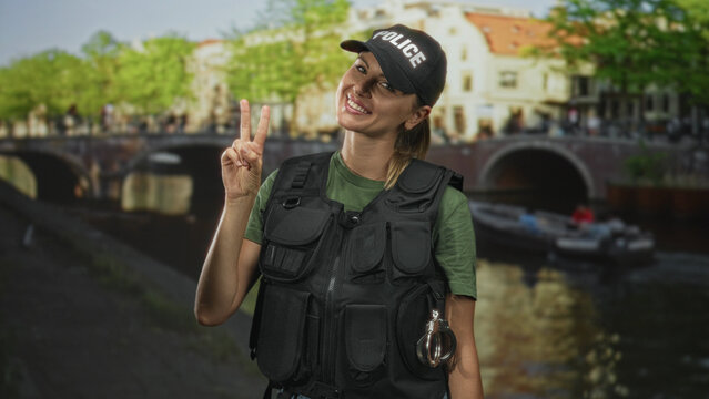 Blonde woman police officer flashes a peace sign with two fingers, handcuffs and tactical vest visible on a city street; approachable calm.