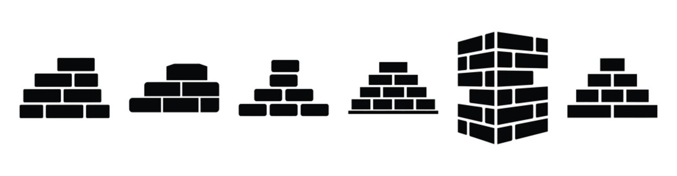 Set of minimal black shape  bricks stack silhouette icon. construction icons in black isolated vector illustration collection