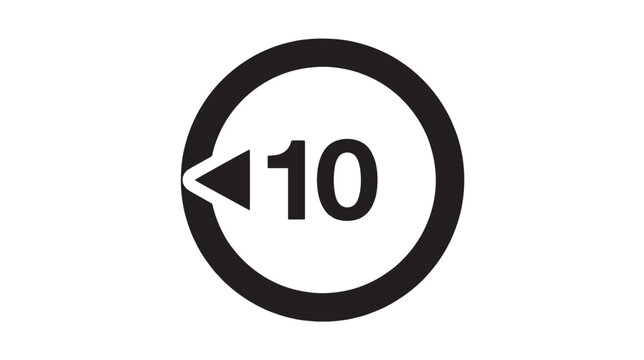 Minimalist number 10 icon in circle with arrow, black and white vector graphic, ten second rewind or skip button for video player interface