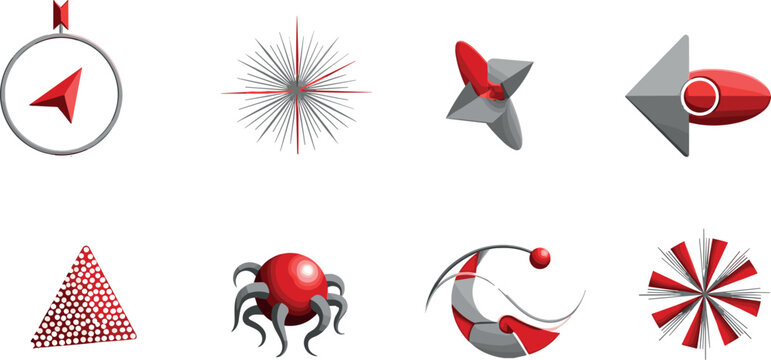 Red and Gray 3D Abstract Icon Set with Compass, Star, Spider, and Geometric Shapes for Tech and Creative Brand Designs