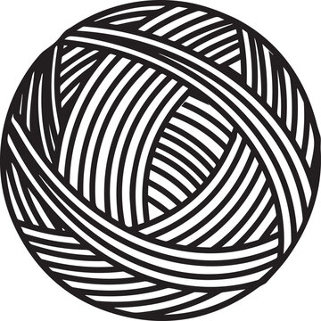 Yarn ball hand-drawn line art minimalist thread texture black outline knitting illustration sewing material circle with pattern wavy shape craft design element icon clipart hobby banner object drawing