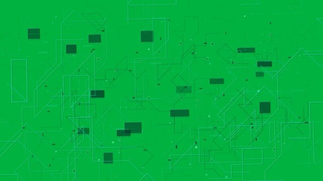 Node pulses starting net growth, chips linking, traces routing to show data flow on transparent bg