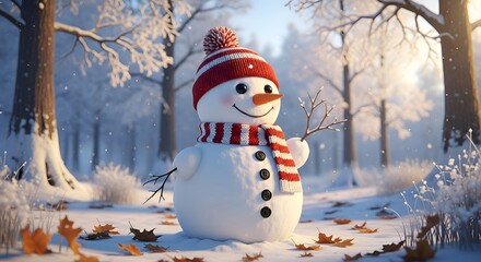 Obraz premium Snowy forest scene with cheerful snowman and cardinal bird, winter wonderland winter forest bare trees