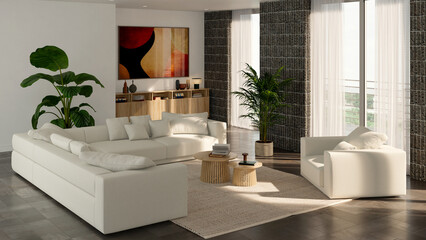 Obraz premium 3D render, illustration Luxury modern living room interior, realistic lighting, wide angle, contemporary furniture, clean lines, minimalist decor, elegant home design, large window