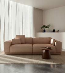 Obraz premium 3D render, illustration Luxury modern living room interior, realistic lighting, wide angle, contemporary furniture, clean lines, minimalist decor, elegant home design, large window