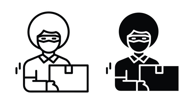 Thief wearing mask stealing cardboard box package delivery porch pirate crime icon set in line and solid glyph style