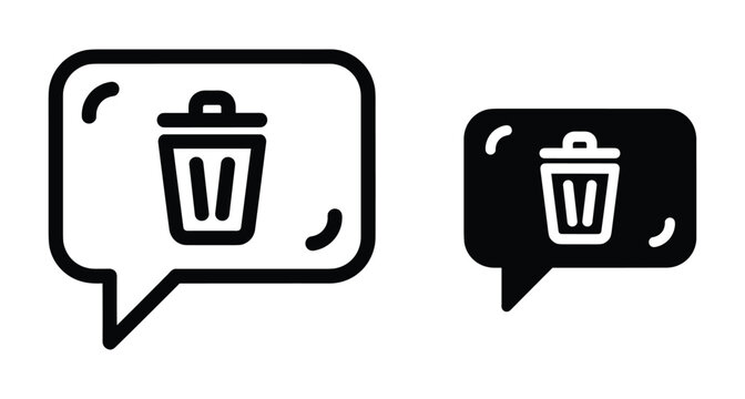Trash can icon inside speech bubble for delete message function in mobile app interface design with outline and solid styles