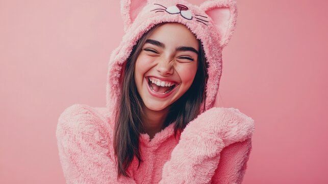 A young girl wearing a pink cat costume and smiling, perfect for Halloween or cartoon-themed illustrations