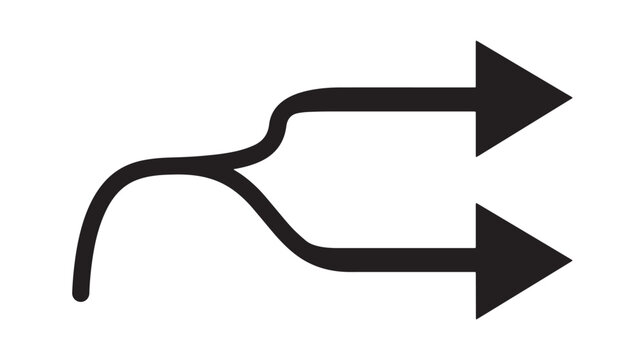 Minimalist split arrow vector icon, black branching directional arrows, curved double path symbol for navigation and workflow diagrams