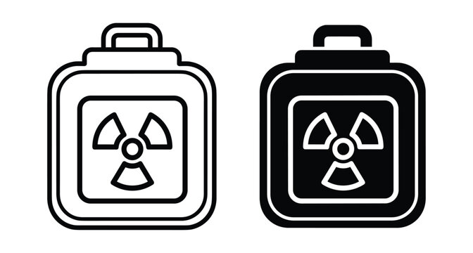 Radioactive material container icon set featuring nuclear hazard symbol on a briefcase for transporting dangerous toxic waste and chemical substances