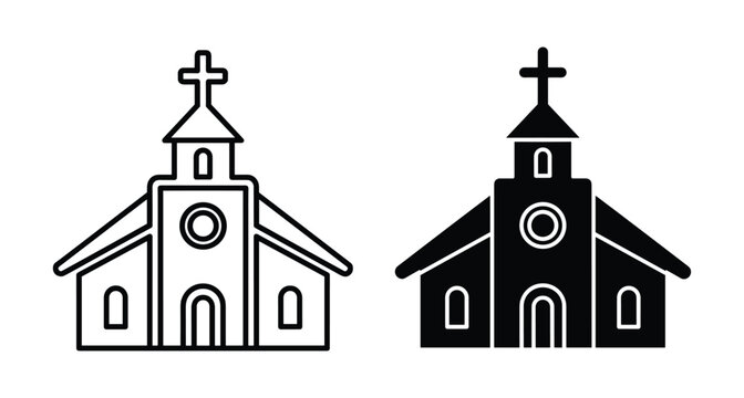 church building icon set featuring outline and solid silhouette styles with christian cross steeple windows and doors for religious design