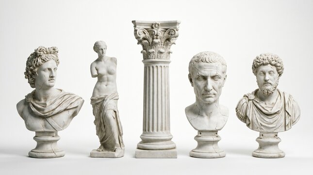 "Row of marble busts with central Corinthian column, symbolizing classical heritage, symmetry, and timeless artistry."