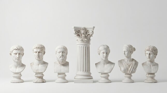 "Row of marble busts with central Corinthian column, symbolizing classical heritage, symmetry, and timeless artistry."