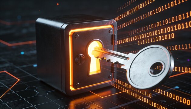 High-detail minimalist 3D cybersecurity concept &mdash; glowing key unlocking digital vault with floating binary streams, dark futuristic background, clean bright color scheme, no logos