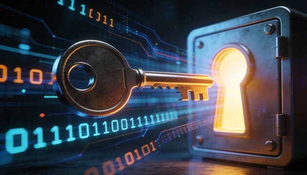 High-detail minimalist 3D cybersecurity concept &mdash; glowing key unlocking digital vault with floating binary streams, dark futuristic background, clean bright color scheme, no logos