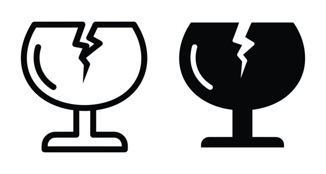Broken wine glass icon set representing fragile items for shipping packaging logistics delivery services and handle with care warning labels