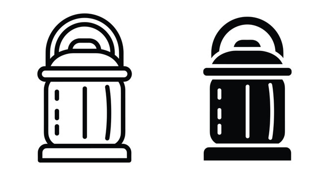 Camping lantern icon set featuring outline and solid glyph styles for outdoor adventure hiking equipment and emergency lighting symbol design